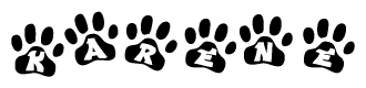 The image shows a series of animal paw prints arranged horizontally. Within each paw print, there's a letter; together they spell Karene