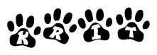 The image shows a row of animal paw prints, each containing a letter. The letters spell out the word Krit within the paw prints.