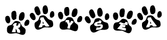 The image shows a series of animal paw prints arranged in a horizontal line. Each paw print contains a letter, and together they spell out the word Kaysea.