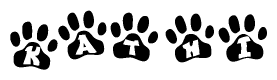 The image shows a series of animal paw prints arranged in a horizontal line. Each paw print contains a letter, and together they spell out the word Kathi.