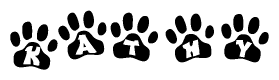 The image shows a series of animal paw prints arranged horizontally. Within each paw print, there's a letter; together they spell Kathy