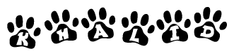 The image shows a series of animal paw prints arranged horizontally. Within each paw print, there's a letter; together they spell Khalid
