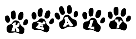 The image shows a series of animal paw prints arranged horizontally. Within each paw print, there's a letter; together they spell Kealy