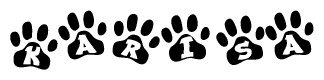 The image shows a series of animal paw prints arranged horizontally. Within each paw print, there's a letter; together they spell Karisa