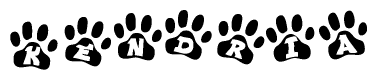 The image shows a series of animal paw prints arranged in a horizontal line. Each paw print contains a letter, and together they spell out the word Kendria.