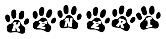 The image shows a series of animal paw prints arranged horizontally. Within each paw print, there's a letter; together they spell Keneri