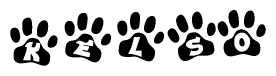 The image shows a series of animal paw prints arranged horizontally. Within each paw print, there's a letter; together they spell Kelso