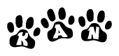 The image shows a row of animal paw prints, each containing a letter. The letters spell out the word Kan within the paw prints.