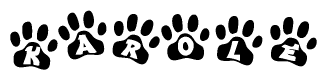The image shows a series of animal paw prints arranged horizontally. Within each paw print, there's a letter; together they spell Karole
