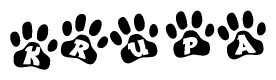 The image shows a row of animal paw prints, each containing a letter. The letters spell out the word Krupa within the paw prints.