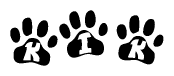 The image shows a row of animal paw prints, each containing a letter. The letters spell out the word Kik within the paw prints.
