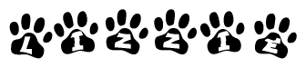 The image shows a series of animal paw prints arranged in a horizontal line. Each paw print contains a letter, and together they spell out the word Lizzie.