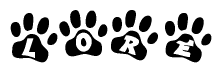 The image shows a row of animal paw prints, each containing a letter. The letters spell out the word Lore within the paw prints.