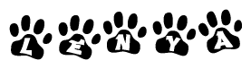The image shows a row of animal paw prints, each containing a letter. The letters spell out the word Lenya within the paw prints.