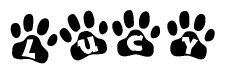 The image shows a series of animal paw prints arranged horizontally. Within each paw print, there's a letter; together they spell Lucy