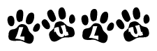 The image shows a series of animal paw prints arranged in a horizontal line. Each paw print contains a letter, and together they spell out the word Lulu.