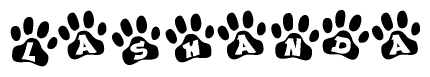 The image shows a row of animal paw prints, each containing a letter. The letters spell out the word Lashanda within the paw prints.