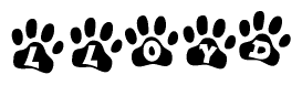 The image shows a series of animal paw prints arranged horizontally. Within each paw print, there's a letter; together they spell Lloyd
