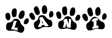 The image shows a row of animal paw prints, each containing a letter. The letters spell out the word Lani within the paw prints.