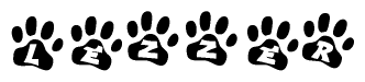 The image shows a row of animal paw prints, each containing a letter. The letters spell out the word Lezzer within the paw prints.