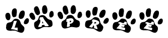 The image shows a row of animal paw prints, each containing a letter. The letters spell out the word Lapree within the paw prints.