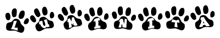 The image shows a series of animal paw prints arranged horizontally. Within each paw print, there's a letter; together they spell Luminita