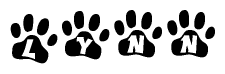 The image shows a row of animal paw prints, each containing a letter. The letters spell out the word Lynn within the paw prints.