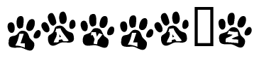 The image shows a row of animal paw prints, each containing a letter. The letters spell out the word Layla z within the paw prints.