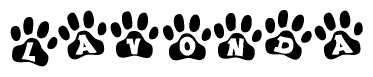 The image shows a series of animal paw prints arranged in a horizontal line. Each paw print contains a letter, and together they spell out the word Lavonda.