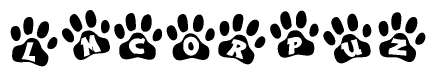 The image shows a row of animal paw prints, each containing a letter. The letters spell out the word Lmcorpuz within the paw prints.