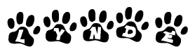 The image shows a series of animal paw prints arranged horizontally. Within each paw print, there's a letter; together they spell Lynde