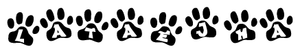 The image shows a series of animal paw prints arranged horizontally. Within each paw print, there's a letter; together they spell Lataejha