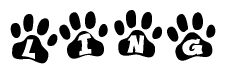 The image shows a series of animal paw prints arranged in a horizontal line. Each paw print contains a letter, and together they spell out the word Ling.
