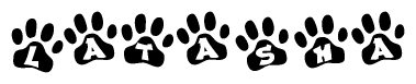 The image shows a series of animal paw prints arranged in a horizontal line. Each paw print contains a letter, and together they spell out the word Latasha.