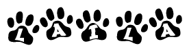 The image shows a row of animal paw prints, each containing a letter. The letters spell out the word Laila within the paw prints.