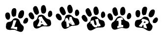 The image shows a series of animal paw prints arranged horizontally. Within each paw print, there's a letter; together they spell Lamuir
