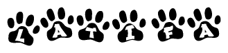 The image shows a series of animal paw prints arranged in a horizontal line. Each paw print contains a letter, and together they spell out the word Latifa.