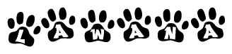 The image shows a row of animal paw prints, each containing a letter. The letters spell out the word Lawana within the paw prints.