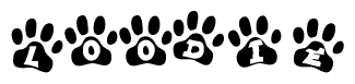 The image shows a row of animal paw prints, each containing a letter. The letters spell out the word Loodie within the paw prints.