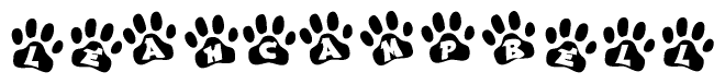 The image shows a series of animal paw prints arranged in a horizontal line. Each paw print contains a letter, and together they spell out the word Leahcampbell.