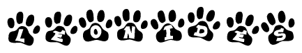 The image shows a series of animal paw prints arranged in a horizontal line. Each paw print contains a letter, and together they spell out the word Leonides.