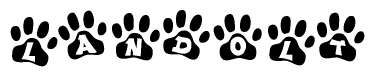 The image shows a series of animal paw prints arranged horizontally. Within each paw print, there's a letter; together they spell Landolt