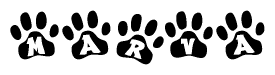 The image shows a row of animal paw prints, each containing a letter. The letters spell out the word Marva within the paw prints.