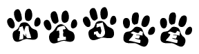 The image shows a series of animal paw prints arranged in a horizontal line. Each paw print contains a letter, and together they spell out the word Mijee.