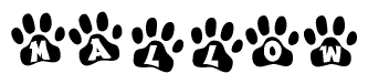 The image shows a series of animal paw prints arranged in a horizontal line. Each paw print contains a letter, and together they spell out the word Mallow.