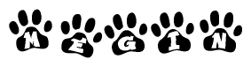 The image shows a row of animal paw prints, each containing a letter. The letters spell out the word Megin within the paw prints.
