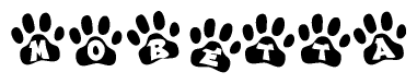 The image shows a row of animal paw prints, each containing a letter. The letters spell out the word Mobetta within the paw prints.