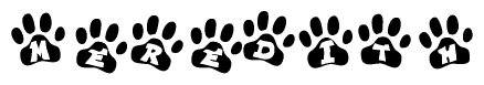 The image shows a series of animal paw prints arranged in a horizontal line. Each paw print contains a letter, and together they spell out the word Meredith.