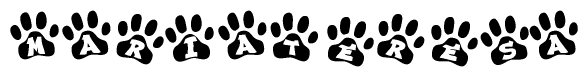 The image shows a series of animal paw prints arranged in a horizontal line. Each paw print contains a letter, and together they spell out the word Mariateresa.