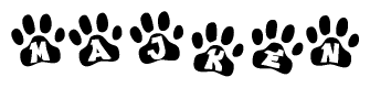 The image shows a series of animal paw prints arranged in a horizontal line. Each paw print contains a letter, and together they spell out the word Majken.